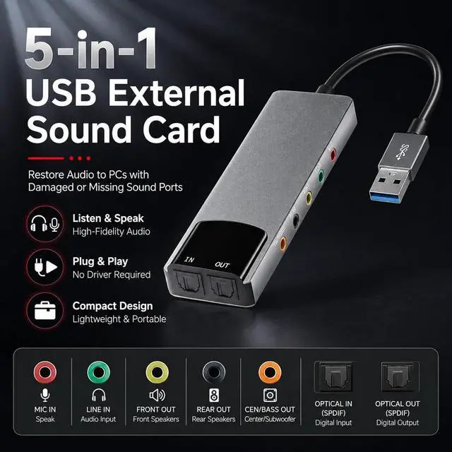 Alt view image 2 of 7 - USB External Sound Card Adapter with Optical Input Output, Audio Interface with 5.1 7.1 Channel Noise Reduction, Plug and Play for PC, Laptop (Aluminum Alloy)