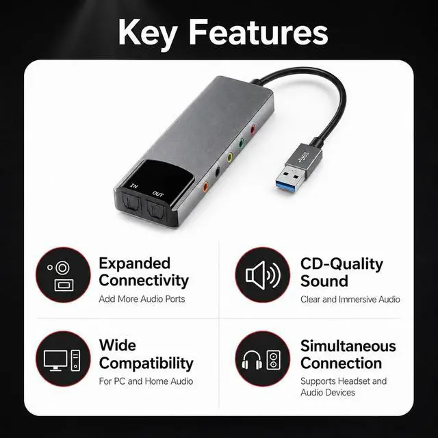 Alt view image 3 of 7 - USB External Sound Card Adapter with Optical Input Output, Audio Interface with 5.1 7.1 Channel Noise Reduction, Plug and Play for PC, Laptop (Aluminum Alloy)