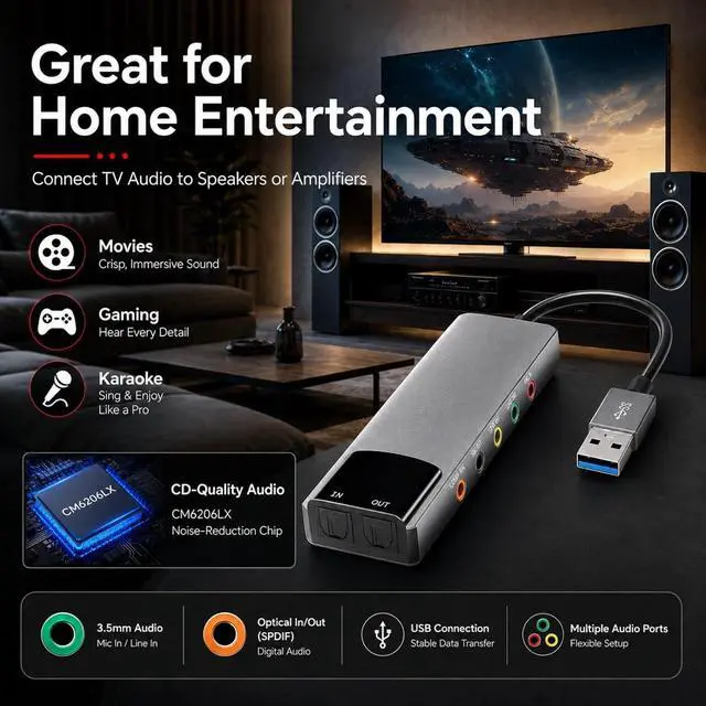 Alt view image 5 of 7 - USB External Sound Card Adapter with Optical Input Output, Audio Interface with 5.1 7.1 Channel Noise Reduction, Plug and Play for PC, Laptop (Aluminum Alloy)