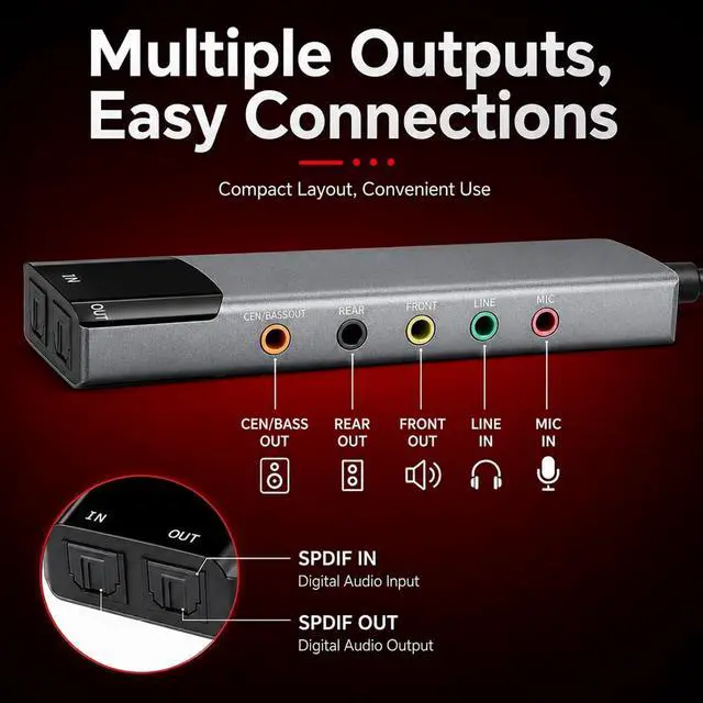 Alt view image 6 of 7 - USB External Sound Card Adapter with Optical Input Output, Audio Interface with 5.1 7.1 Channel Noise Reduction, Plug and Play for PC, Laptop (Aluminum Alloy)