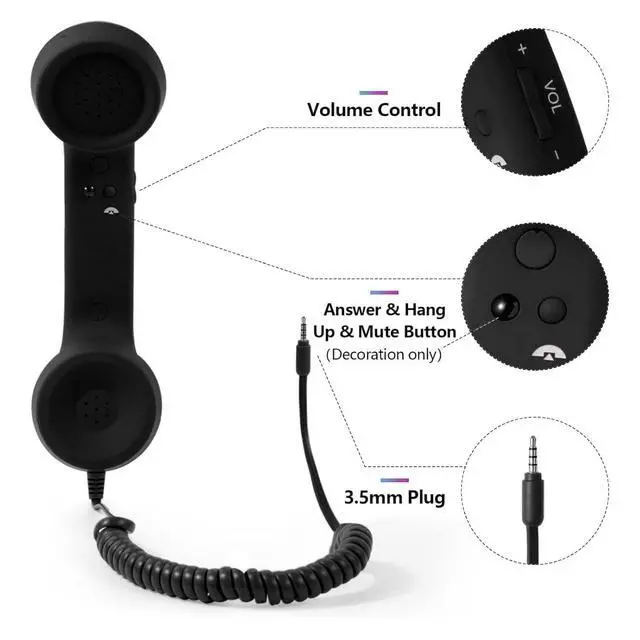 Alt view image 2 of 7 - Retro 3.5mm Telephone Handset, Radiation Proof Cell Phone Receiver Mic Microphone Speaker, Vintage Phone Handset for Cellphone Smartphone,with USB C (Black)