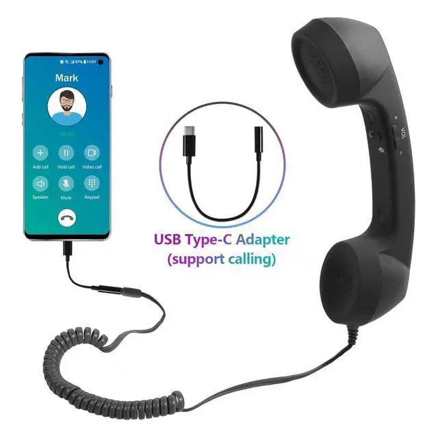 Alt view image 3 of 7 - Retro 3.5mm Telephone Handset, Radiation Proof Cell Phone Receiver Mic Microphone Speaker, Vintage Phone Handset for Cellphone Smartphone,with USB C (Black)
