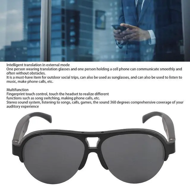 Alt view image 2 of 7 - Translator Smart Glasses - 137 Languages Translation Device Built in Microphone and Speaker, 0.5 Seconds Bluetooth Translator Sunglasses for Music Calling, Dark black, Bewinneror4q6sm5gf