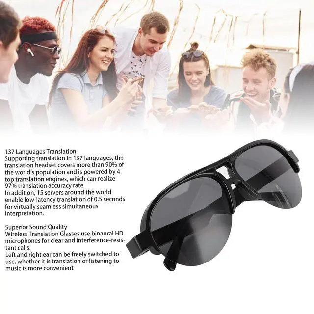 Alt view image 3 of 7 - Translator Smart Glasses - 137 Languages Translation Device Built in Microphone and Speaker, 0.5 Seconds Bluetooth Translator Sunglasses for Music Calling, Dark black, Bewinneror4q6sm5gf
