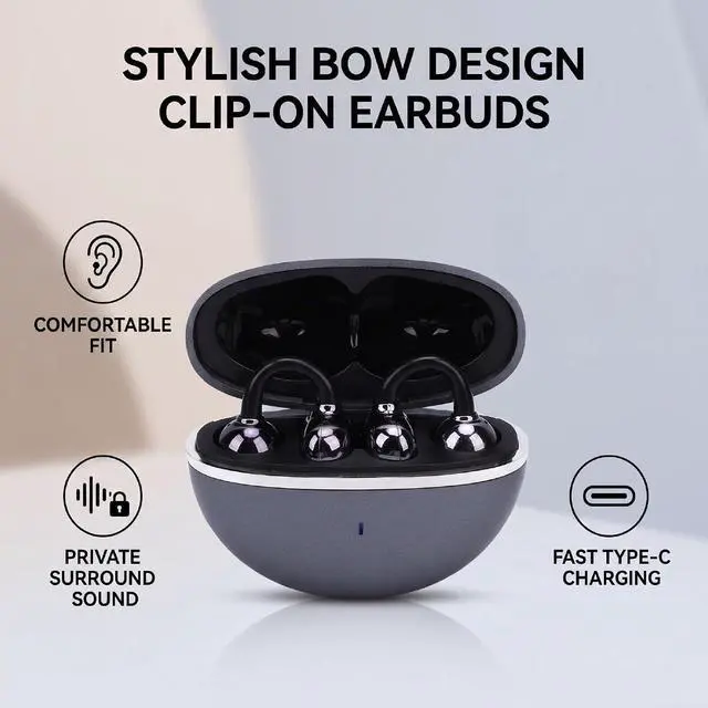 Alt view image 2 of 7 - Clip On Earbuds, Bluetooth 6.0, Detachable Earrings (Black)