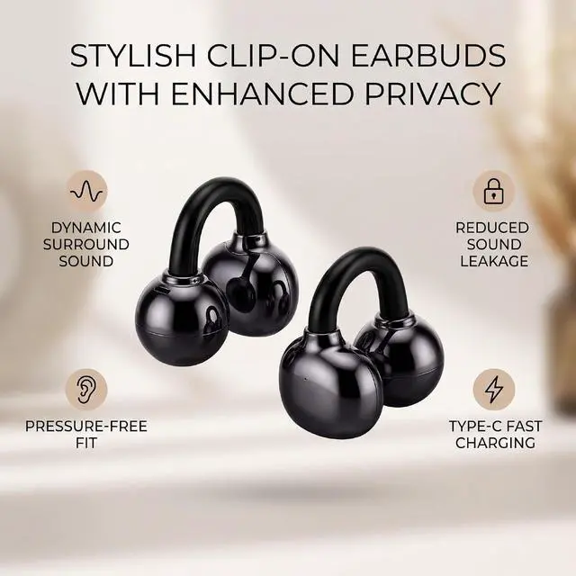 Alt view image 4 of 7 - Clip On Earbuds, Bluetooth 6.0, Detachable Earrings (Black)