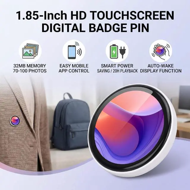 Alt view image 2 of 7 - Digital Badge Pin with 1.85" HD Touch Screen, Electronic Badge with Bluetooth 6.0 App Control, LED Mood Badges Display for Images & GIFS, Wearable Digital Pin for Backpack (White)