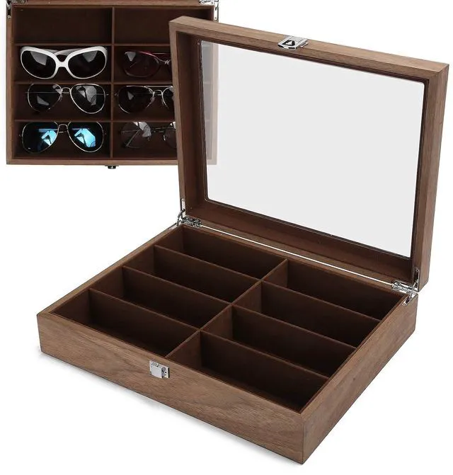 Alt view image 3 of 7 - Sunglasses Display Case With Glass Lid | 8 Grid Solid Wood Organizer For Eyewear Jewelry Storage And Travel