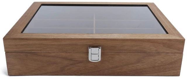 Alt view image 6 of 7 - Sunglasses Display Case With Glass Lid | 8 Grid Solid Wood Organizer For Eyewear Jewelry Storage And Travel
