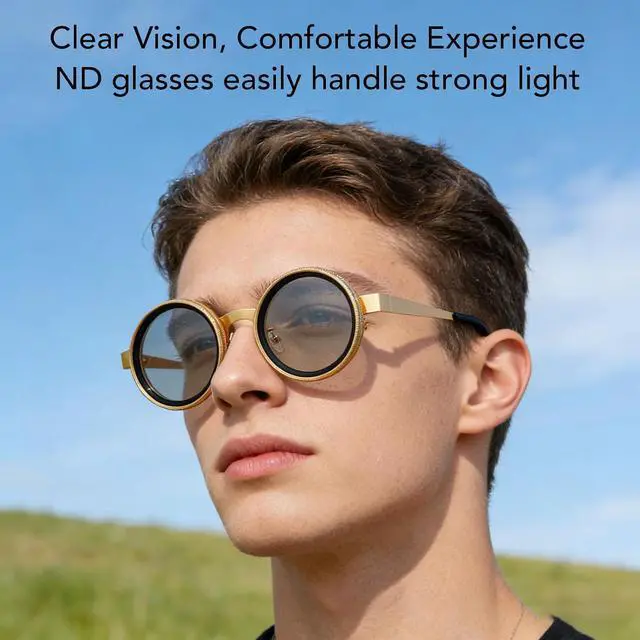 Alt view image 2 of 7 - Adjustable Tint Sunglasses for Men ND2-400 Filter Round Metal Frame, Protection Outdoor Fishing Driving Glasses, Gold Black Stylish Sun Glasses