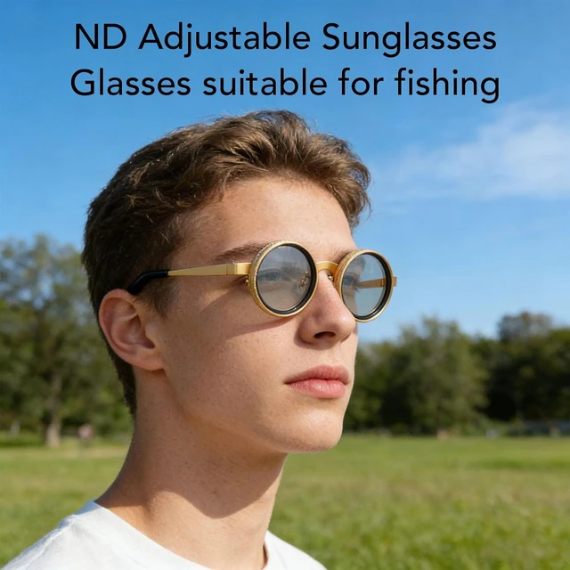Alt view image 4 of 7 - Adjustable Tint Sunglasses for Men ND2-400 Filter Round Metal Frame, Protection Outdoor Fishing Driving Glasses, Gold Black Stylish Sun Glasses