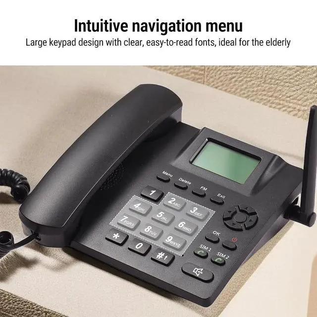 Alt view image 3 of 7 - 2G GSM Cordless Phone, Dual SIM Desktop Landline Phone, Fixed Wireless Phones with Antenna, Radio, Alarm Clock, for Home Call Center Office Hotel