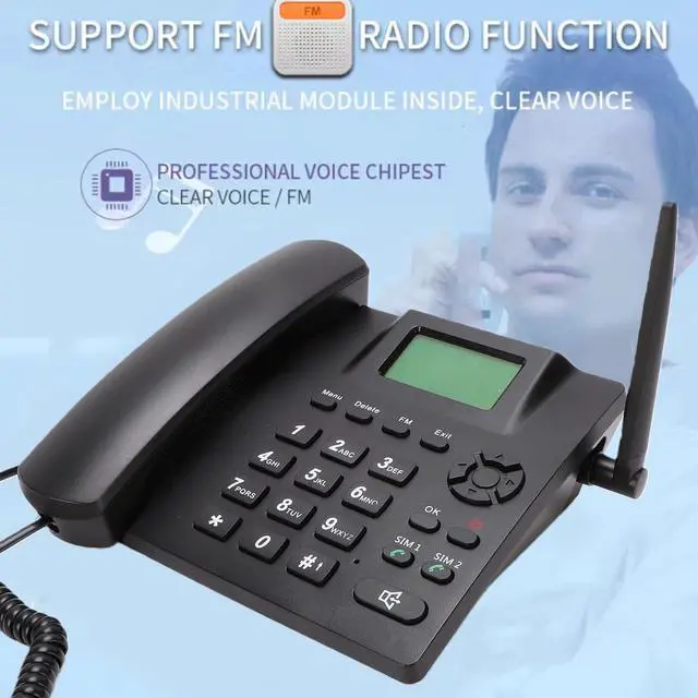 Alt view image 2 of 7 - 2G GSM Cordless Phone, Dual SIM Desktop Landline Phone, Fixed Wireless Phones with Antenna, Radio, Alarm Clock, for Home Call Center Office Hotel