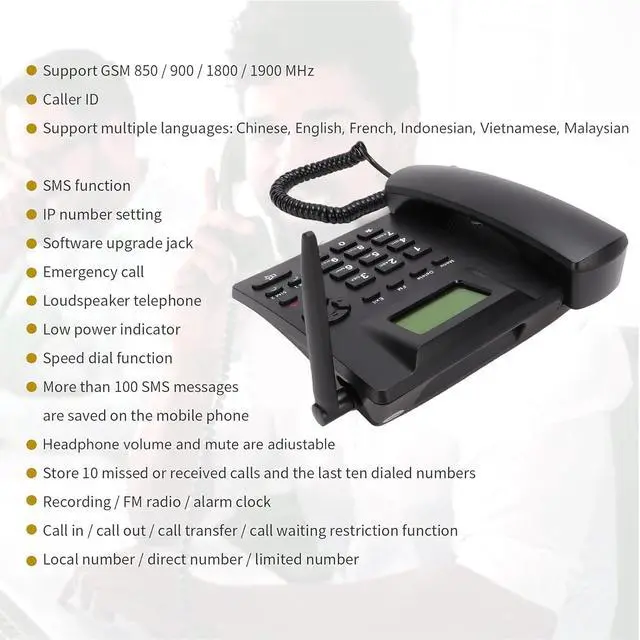 Alt view image 4 of 7 - 2G GSM Cordless Phone, Dual SIM Desktop Landline Phone, Fixed Wireless Phones with Antenna, Radio, Alarm Clock, for Home Call Center Office Hotel