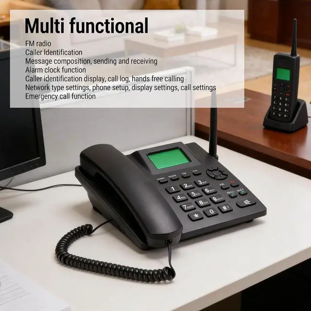Alt view image 5 of 7 - 2G GSM Cordless Phone, Dual SIM Desktop Landline Phone, Fixed Wireless Phones with Antenna, Radio, Alarm Clock, for Home Call Center Office Hotel