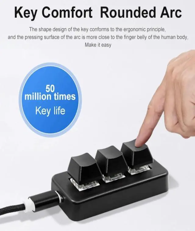 Alt view image 2 of 7 - Mini 3-Key Mechanical Gaming Keyboard, RGB Backlight, Programmable Macro Keys with Software for PC, Wired USB Bluetooth 2.4G Connectivity