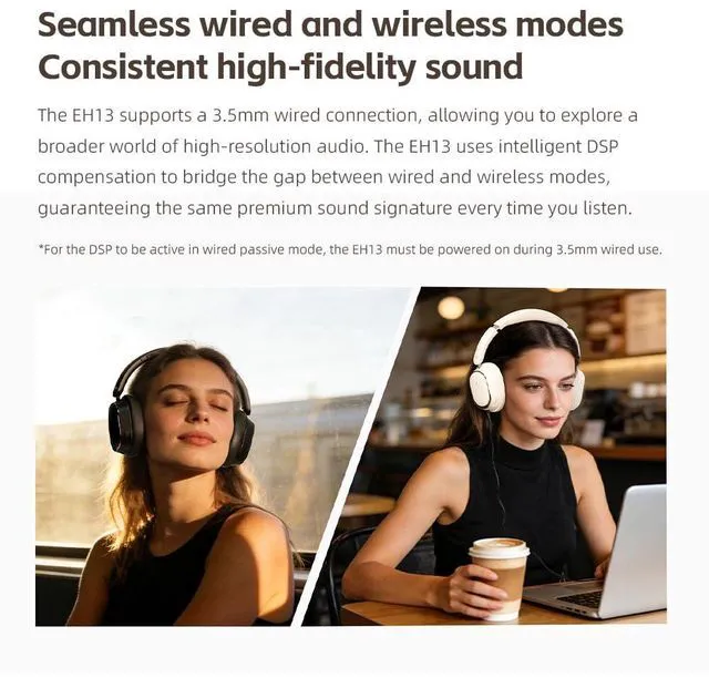Alt view image 5 of 7 - EH13 Wireless Bluetooth Noise Cancelling Over-Ear Headphones, 42dB Hybrid ANC, 45H Playtime, Foldable Headphones for Travel, Work & Commuting (Black)