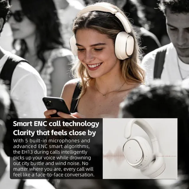 Alt view image 7 of 7 - EH13 Wireless Bluetooth Noise Cancelling Over-Ear Headphones, 42dB Hybrid ANC, 45H Playtime, Foldable for Travel, Work & Commuting (Off-White)