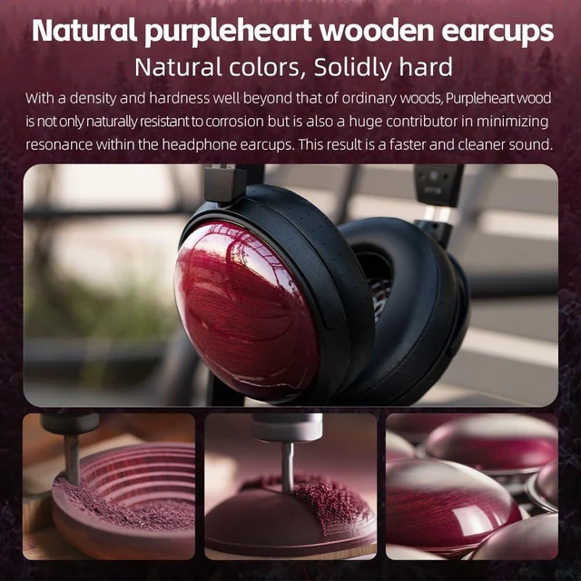 Alt view image 4 of 7 - FT13 Audiophile Closed-Back Headphones, 60mm Large Dynamic Driver with W-Shaped Wool & Nano Wood Fiber Diaphragm, Premium Purpleheart Wood Design, Furukawa Copper Hybrid Cable(Purple)