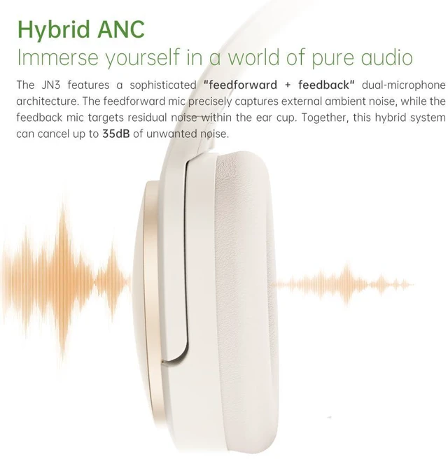 Alt view image 4 of 7 - JN3 Noise Cancelling Headphones, LDAC Hi-Res Audio, 115H Battery Life, Bluetooth 6.0, Deep Bass, Spatial Audio, Over-Ear Wireless Headphones with Mic (Apricot White)