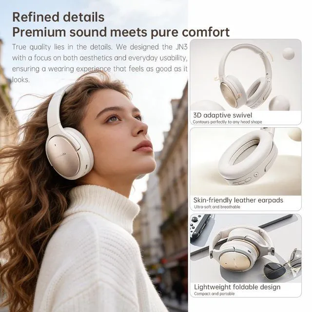 Alt view image 7 of 7 - JN3 Noise Cancelling Headphones, LDAC Hi-Res Audio, 115H Battery Life, Bluetooth 6.0, Deep Bass, Spatial Audio, Over-Ear Wireless Headphones with Mic (Apricot White)