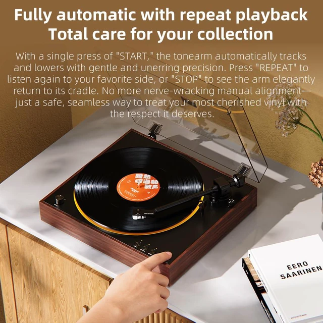 Alt view image 3 of 7 - TT11 Fully Automatic Turntable, Bluetooth Vinyl Record Player, Built-in Preamp, Line & Phono Output, 2-Speed (33/45 RPM), Aluminum Platter, Dust Cover (Brown)