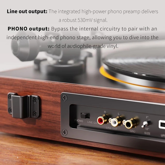 Alt view image 5 of 7 - TT11 Fully Automatic Turntable, Bluetooth Vinyl Record Player, Built-in Preamp, Line & Phono Output, 2-Speed (33/45 RPM), Aluminum Platter, Dust Cover (Brown)