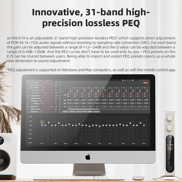 Alt view image 3 of 7 - K19 Dual ES9039SPRO Desktop DAC HiFi Audio DSD512, 31-Band PEQ, XMOS XU-316 for HDMI/Coaxial/Optical Audio Decoder (Silver)