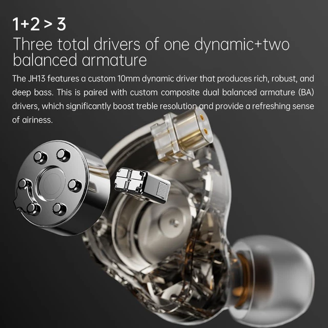 Alt view image 2 of 7 - JH13 Hybrid HiFi IEMs 1DD + 2BA Drivers, Entry-Level Audiophile in-Ear Headphones with Wooden Faceplate & Detachable 0.78mm 2-Pin Cable (Transparent Black)