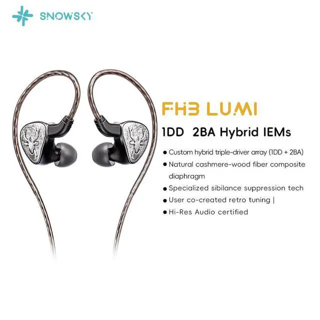 Alt view image 2 of 7 - FH3 LUMI Hybrid IEM Earphones, 1DD + 2BA Triple Driver in-Ear Monitors, Vintage Vocal Tuning, Cashmere Wood Fiber Diaphragm, Detachable Cable(Silver)