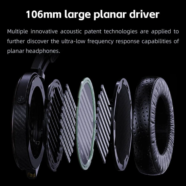 Alt view image 3 of 7 - FT7 Headphones Open-Back Planar 106mm Planar Magnetic Monitor Earphone Gold Diaphragm Carbon Fiber Shell Detachable Cables (Black)
