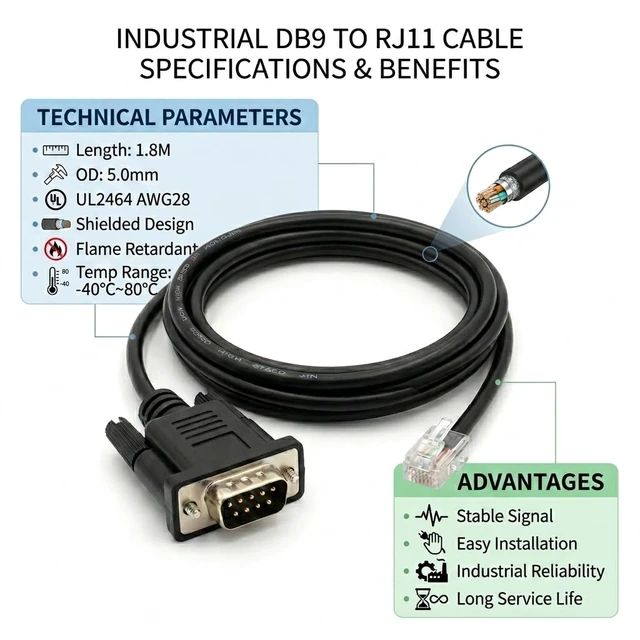 Alt view image 2 of 5 - DB9 Male to RJ11/RJ45 Cable for Siemens S7-200 PLC & Delta Inverter, 1.8m Communication Line (DB9 Male to RJ11)