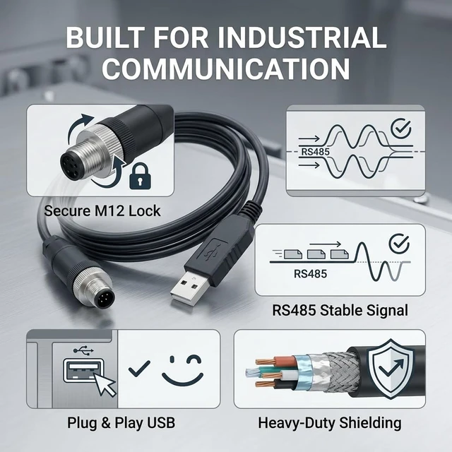 Alt view image 3 of 6 - USB to M12 5-Pin Male RS485 Cable, 1.8m Industrial Serial Communication for PLC Sensors & PC Data Acquisition