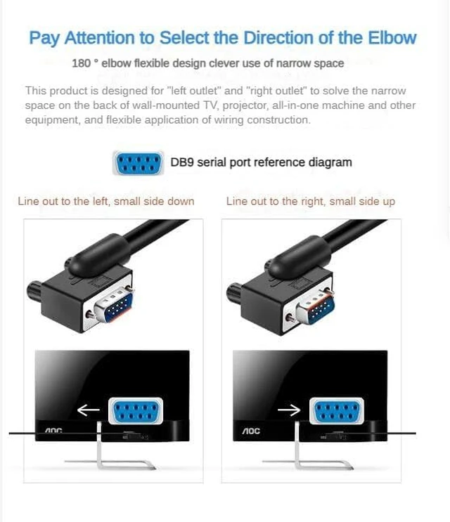 Alt view image 6 of 7 - DB9 Serial RS232 Cable 10ft, 9-Pin Left Angled to Straight Connector for COM Port, Modem, PC (Male Angle to Female Straight, Small Side Down)