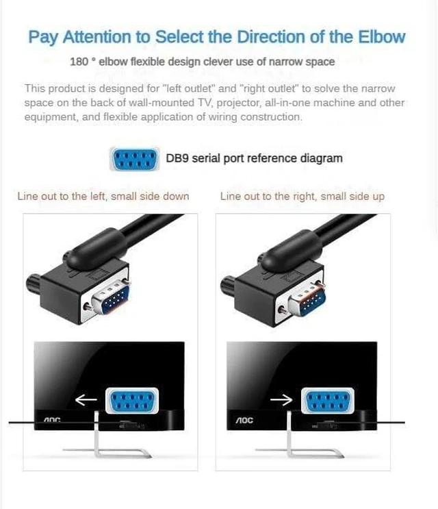 Alt view image 7 of 7 - DB9 Serial RS232 Cable 10ft, 9-Pin Left Angled to Straight Connector for COM Port, Modem, PC (Female Angle to Female Straight, Small Side Down)