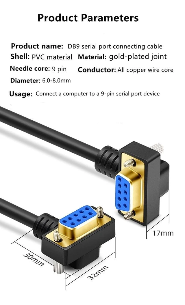 Alt view image 6 of 7 - DB9 Male to Female RS232 Serial Cable, Dual Right-Angle 90 Degree 9-Pin COM Port Extension for PC, Industrial, CNC and POS Systems (Gold Plating, 5Meters)