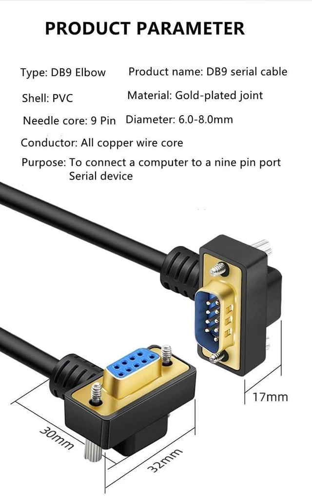 Alt view image 6 of 7 - DB9 Male to Male RS232 Serial Cable, Dual Right-Angle 90 Degree 9-Pin COM Port Extension for PC, Industrial, CNC and POS Systems (Gold Plated, 1 Meter)