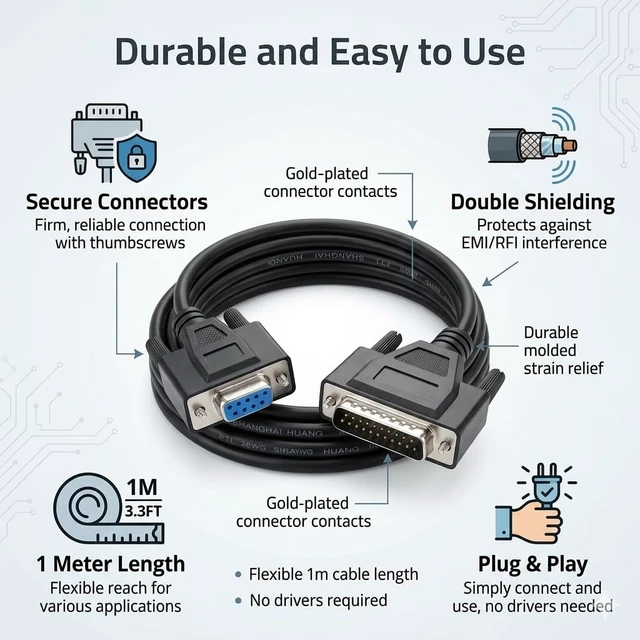 Alt view image 5 of 5 - DB9 Female to DB25 Male Double Shielded RS232 Serial Cable 1 Meters for Printer Connection