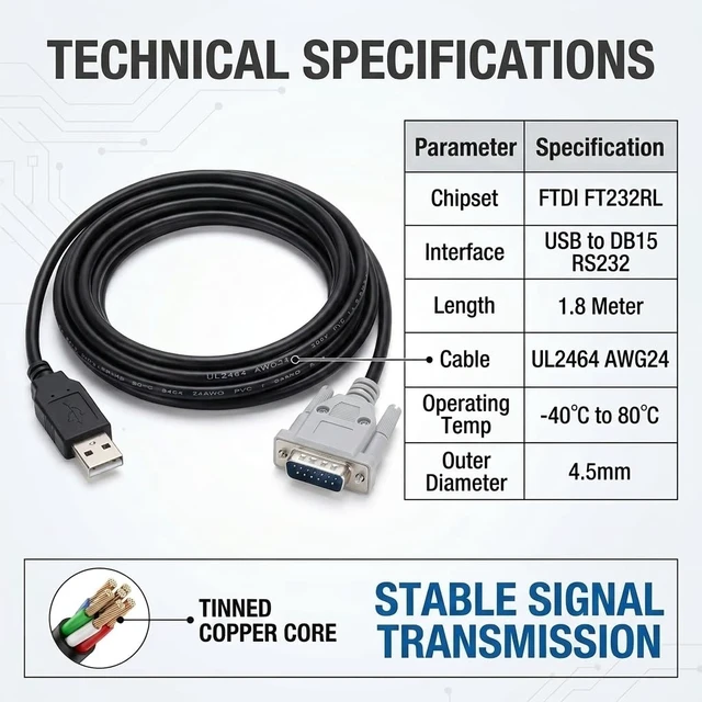 Alt view image 5 of 6 - FT232RL USB to DB15 15-Pin Male Serial Cable, 1.8m for YOKOGAWA Servo Drives, RS232 Communication and PC Programming Cable