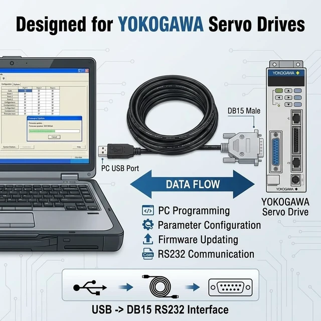 Alt view image 4 of 6 - FT232RL USB to DB15 15-Pin Male Serial Cable, 1.8m for YOKOGAWA Servo Drives, RS232 Communication and PC Programming Cable