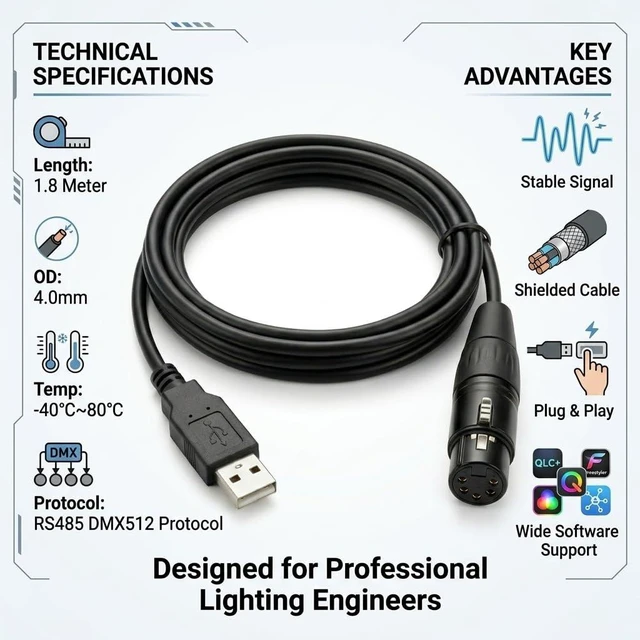 Alt view image 2 of 6 - FT232RL USB to RS485 DMX512 Converter Cable, 5-Pin XLR for Stage Lighting Control with Freestyler & QLC+ Software, 1.8M (USB to XLR Female)