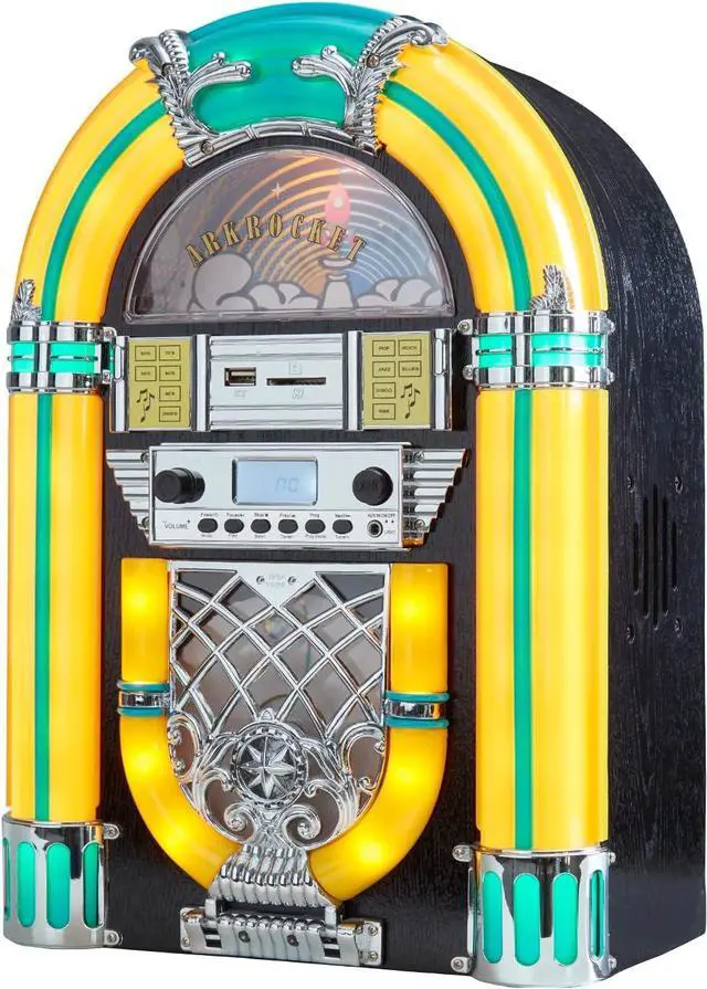 Main image of Athena Mini Jukebox/Tabletop CD Player/Bluetooth Speaker/Radio/USB and SD Card Player with Retro LED Lighting System (Yellow Green)