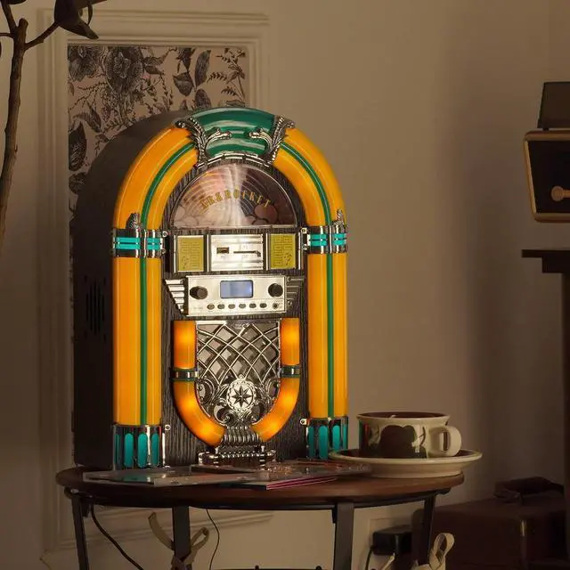 Alt view image 7 of 7 - Athena Mini Jukebox/Tabletop CD Player/Bluetooth Speaker/Radio/USB and SD Card Player with Retro LED Lighting System (Yellow Green)