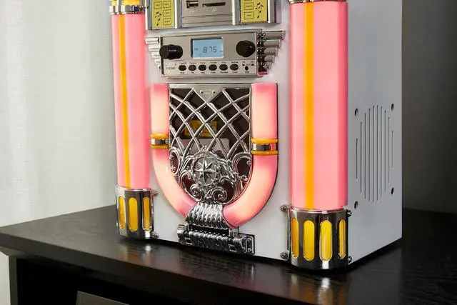 Alt view image 3 of 7 - Athena Mini Jukebox/Tabletop CD Player/Bluetooth Speaker/Radio/USB and SD Card Player with Retro LED Lighting System (Pink White)