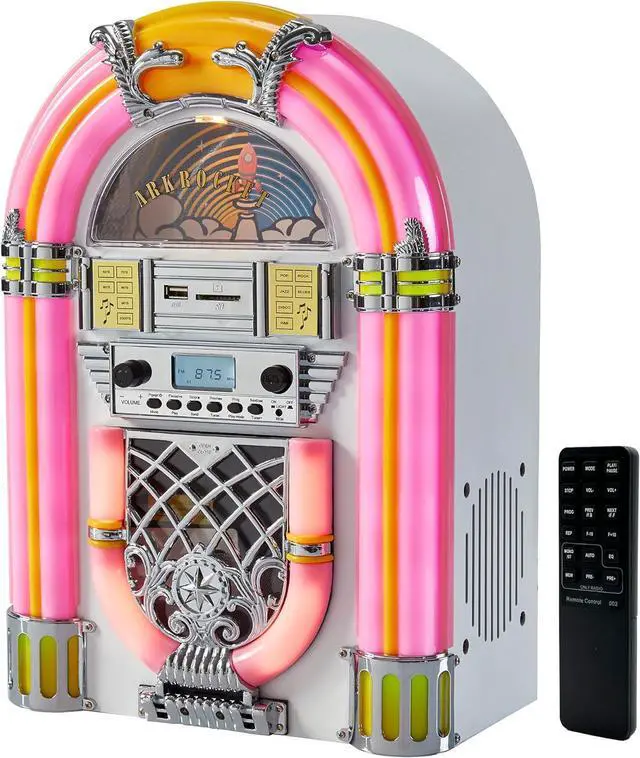 Main image of Athena Mini Jukebox/Tabletop CD Player/Bluetooth Speaker/Radio/USB and SD Card Player with Retro LED Lighting System (Pink White)