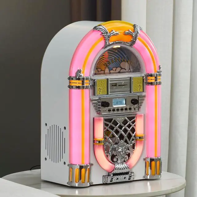 Alt view image 2 of 7 - Athena Mini Jukebox/Tabletop CD Player/Bluetooth Speaker/Radio/USB and SD Card Player with Retro LED Lighting System (Pink White)