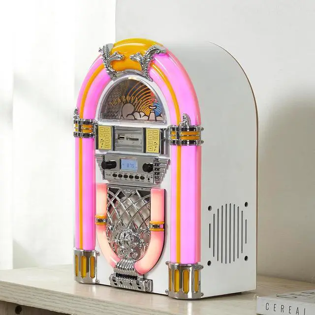 Alt view image 4 of 7 - Athena Mini Jukebox/Tabletop CD Player/Bluetooth Speaker/Radio/USB and SD Card Player with Retro LED Lighting System (Pink White)