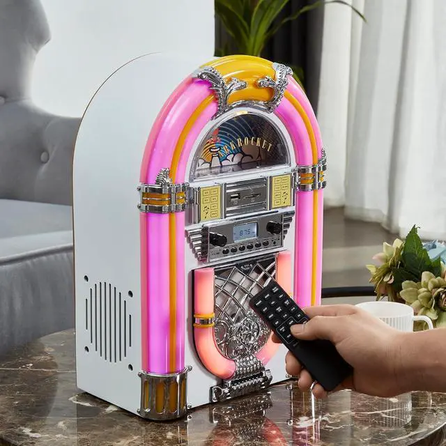 Alt view image 5 of 7 - Athena Mini Jukebox/Tabletop CD Player/Bluetooth Speaker/Radio/USB and SD Card Player with Retro LED Lighting System (Pink White)