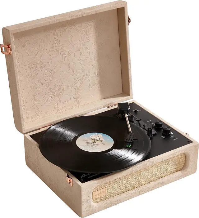 Main image of Coryphaeus Vinyl Record Player 3-Speed Bluetooth Input and Output Built-in Speakers with Magnetic Cartridge Auto Off (Flora Engraved)