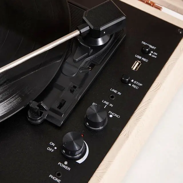 Alt view image 4 of 7 - Coryphaeus Vinyl Record Player 3-Speed Bluetooth Input and Output Built-in Speakers with Magnetic Cartridge Auto Off (Flora Engraved)